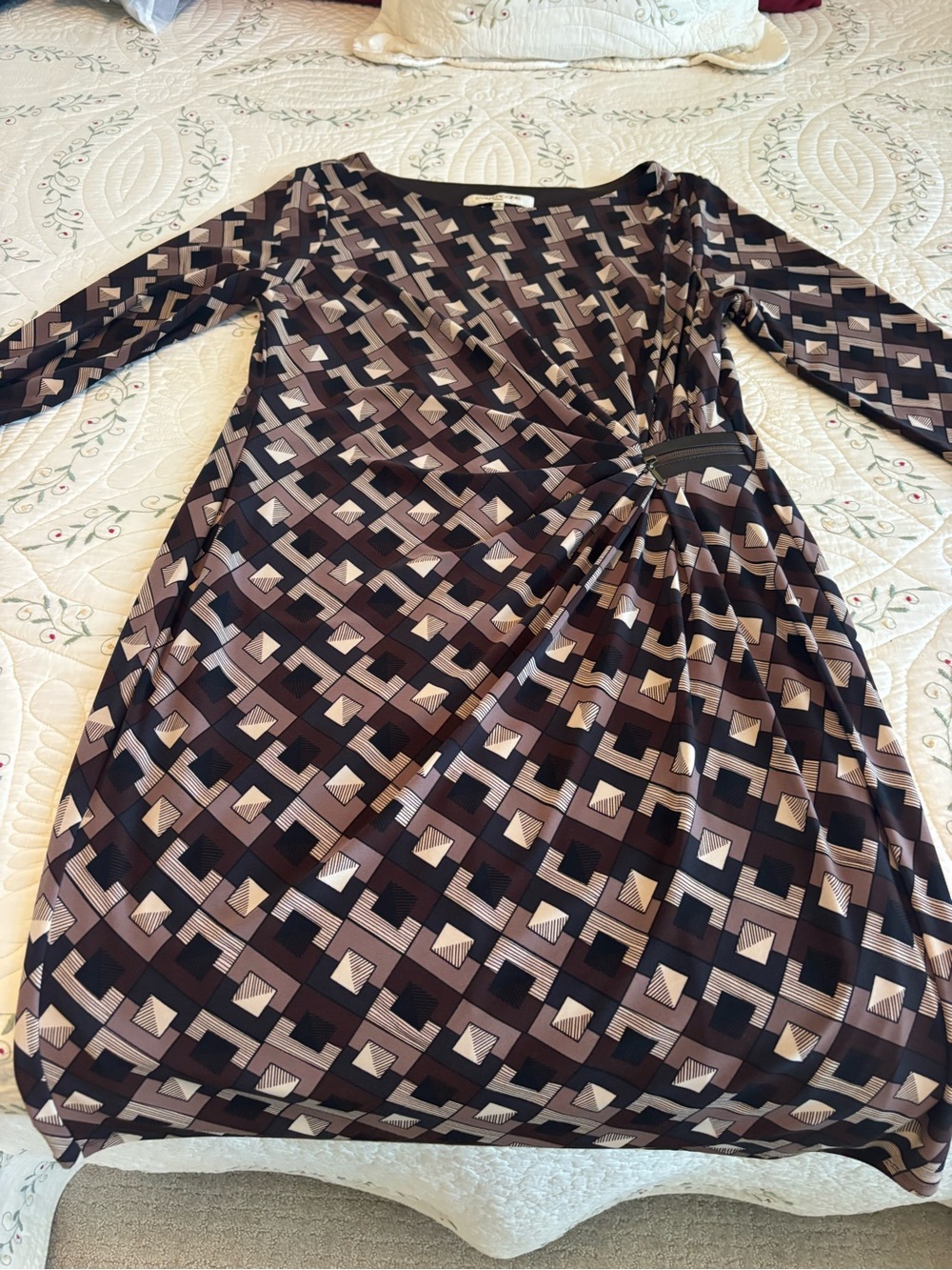 Evan Picone Geometric Midi Dress in Black & Brown